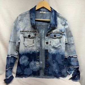 LUXE MODA Women's‎ Distressed Studded Denim Jacket Blue Wash Size L